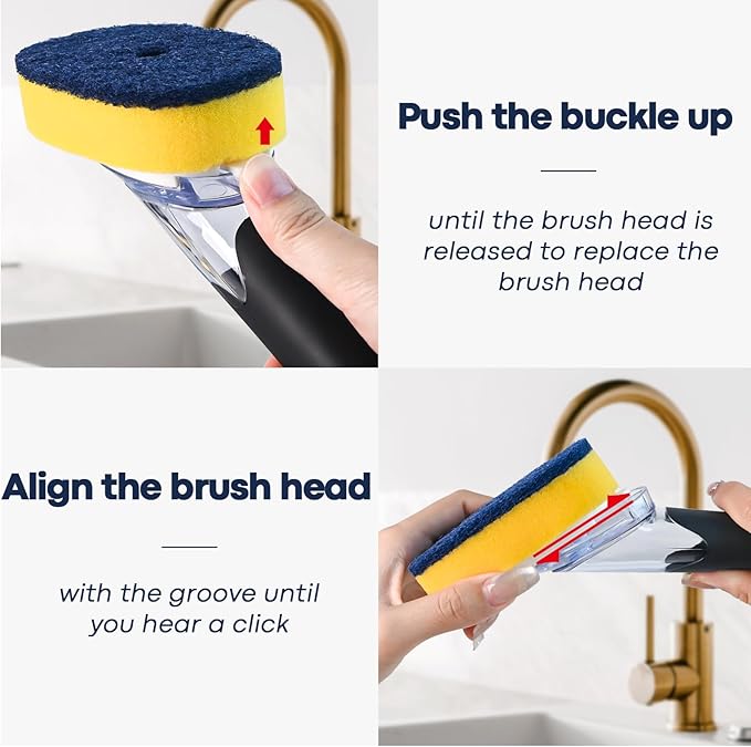 Dish Brush with Soap Dispenser Storage Set with 2 PCS Sponge Refills & Holder, Soap Dispensing Dish Brushes, Sponge with Soap Dispenser Handle, Dish Sponges with Handle for Dishes Pans Pots Sink
