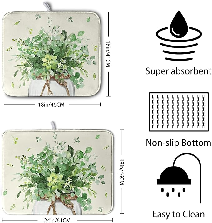 Spring Sage Green Leaves Dish Drying Mat for Kitchen Counter Eucalyptus Leaf Floral Mason Jar Dishes Drainer Mats Absorbent Microfiber Dish Draining Mat Reversible Dish Pad 16x18 Inch