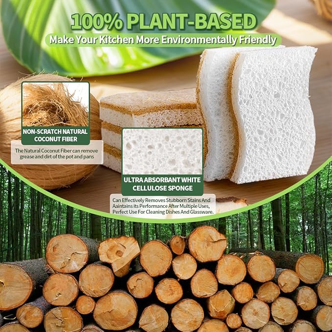 Sponges Kitchen Natural Dish Sponge Plant-Based Biodegradable Compostable Cellulose with Coconut Scrubber Sponge Non Scratch Eco Friendly Kitchen sponges for Kitchen Dishes（Pack of 24）