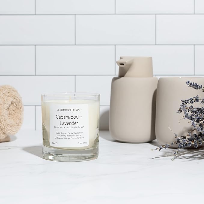 Outdoor Fellow Cedarwood and Lavender Scented Candle, 8oz, Coconut & Apricot Wax Blend, Sweet Orange, Lavender, Cedarwood, Reusable Glass, 40-50 Hour Burn Time