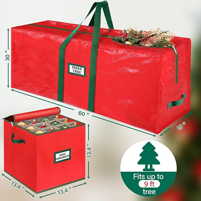 StorageRight Christmas Tree Bag & Ornament Storage Box 2Pcs Set, Waterproof 9 Ft Tree Storage & 64-Compartment Organizer with Dividers, Tag Pockets & Handles, Heavy-Duty Xmas Decor Containers, Red