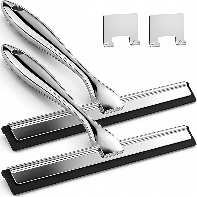 ALFLOD 2PACK All-Purpose Shower Squeegee for Shower Doors, Tile Shower Walls, Bathroom, Window, Glass and Car Windshield, Mirrors and Kitchen-Stainless Steel, 9.8-Inch, Silver