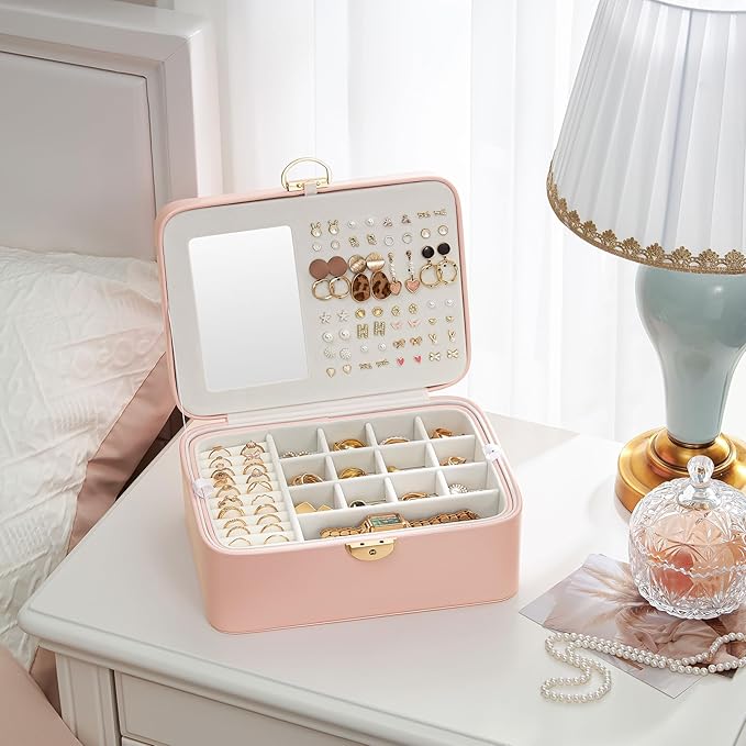 Lolalet 2 Layer Jewelry Box with Lock and Key for Teen Girls & Young Women, Jewelry Organizer Case with Round Clasp and Mirror for Earrings Rings Necklaces Storage, Gift Idea -Lightpink