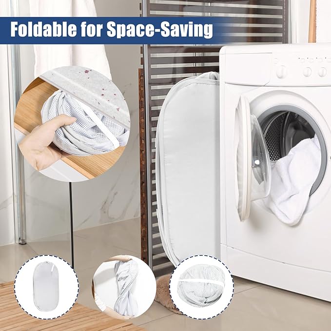 2 Pack Collapsible Laundry Baskets, Upgrade Pop Up Laundry Hamper with Convenient Bags, Foldable Laundry Basket Mesh Light Weight, Easy to Carry Clothes Hampers for Laundry, Dorm, Toys, Travel White
