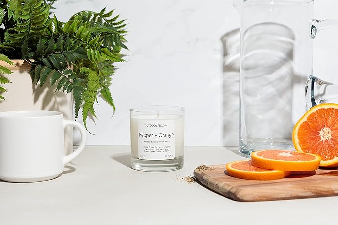 Outdoor Fellow Pepper + Orange Candle, 8oz, Coconut & Apricot Wax Blend, Bergamot, Neroli, Chili Pepper, 40+ Hour Burn Time, Citrus Scented Candle, Vibrant Home Fragrance