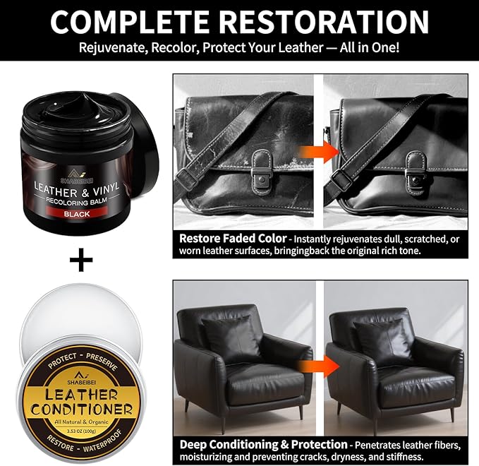 SHABEIBEI Leather Recoloring Balm with 100ml Mink Oil, Black Leather Repair Kit and Scratch Remover for Furniture, Car Seats, Sofas, Dye & Restorer for Couches, Vinyl, PU, Faux