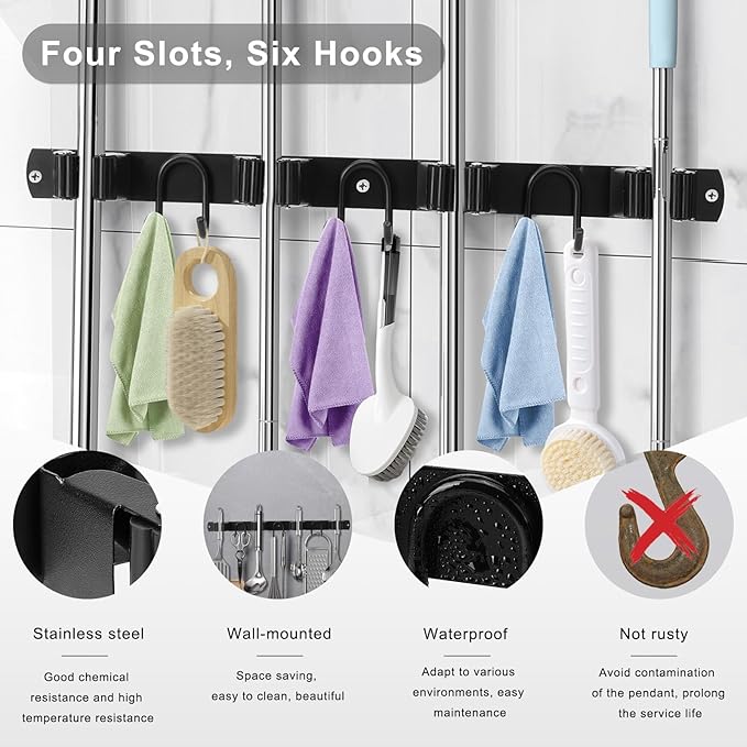 Broom Holder Wall Mount, Stainless Steel Mop Hanger with 4 Slots 6 Hooks, Tool Storage Wall Organizer for Kitchen Garden Garage Laundry Room Bathroom and RV, Black 1-Pack