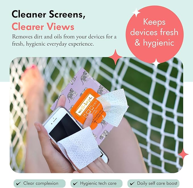 Well-Kept Tech & Lens Wipes - Eyeglass, Screen & Phone Cleaning, Multi-Surface, Lint-Free, Pre Moistened, Streak-Free & Non Scratching - Tiger Pose, 12 Pack (180 Count)