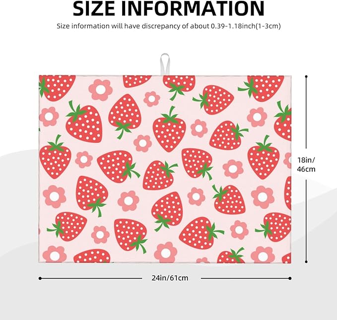 Pink Strawberry Dish Drying Rack Mat for Kitchen Counter XL, Cute Flower Dish Drying Pad Absorbent Reversible Microfiber Protector for Coffee Bar Sink Countertops 18x24 Inch