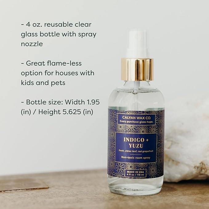 Calyan Wax Co. Indigo & Yuzu Room Spray - Non Toxic Air Freshener - Natural Room Deodorizer with Essential Oils - Air Freshener Spray for Home - 4 fl oz