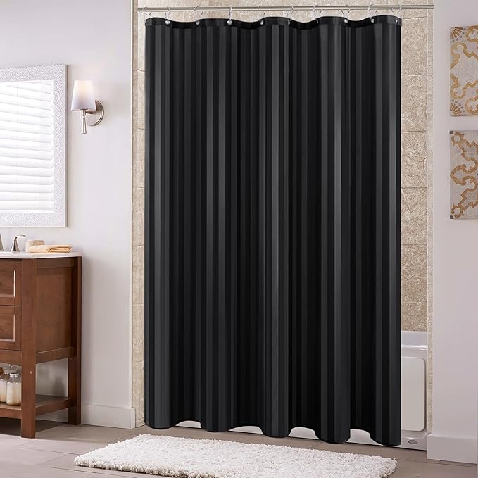 Biscaynebay Fabric Shower Curtain or Liner 72" by 72", Black Water Repellent Damask Stripes Bathroom Curtains Machine Washable