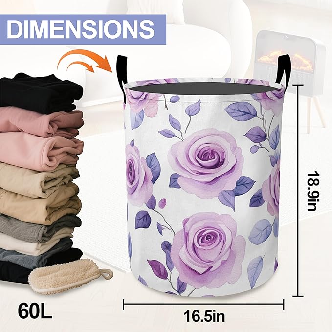 Retro Purple Butterfly Laundry Basket-Large Foldable Hamper Holder Portable Tall Collapsible Laundry Hamper Storage Basket Bin with Handles, Canvas & Waterproof lining for Household Items