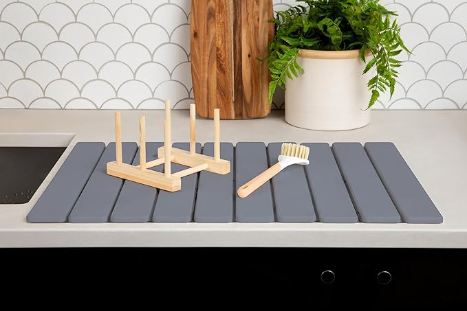 Hycrest HavenMat – Large Stone Dish Drying Mat (24”x16”) with Bamboo Rack & Brush | Quick-Dry Diatomite Counter Mat for Dishes, Glassware, Plants & Pets | Grey Kitchen Drying Stone (Grey)