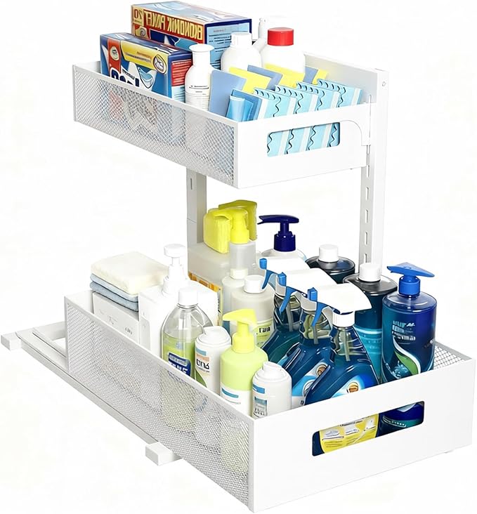 UINOFLE Under Sink Organizer, Adjustable Height 2 Tier Under Sink Organizers and Storage Multi-Purpose Under Sink Storage for Bathroom Kitchen