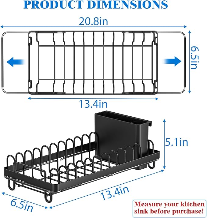 CHLORYARD Small Dish Drying Rack Over The Sink, Compact Dish Rack with Silicone Mat for Kitchen Counter, Expandable Dish Drainers Drying Rack Used in Sink & on Countertop, Black