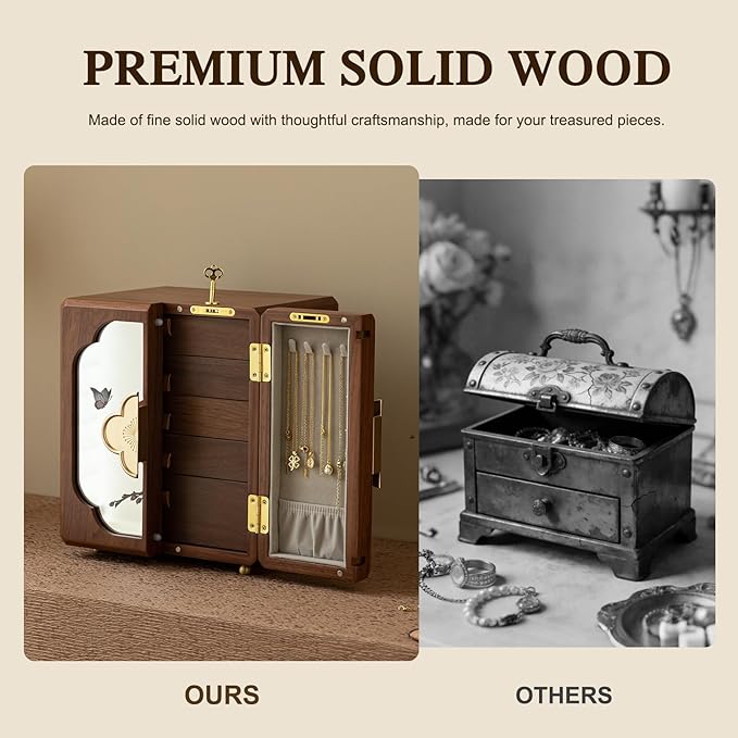 KINTNESS Black Walnut Wooden Jewelry Box with Lock - 5 Layers Large Jewelry Organizer for Women Girls, Flower-Mirror Jewelry Safe with Key for Bracelet, Necklace, Ring, Earring