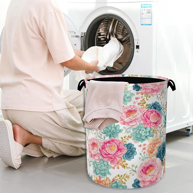Succulent Plant Laundry Basket,Pink Flowers Oxford Cloth Laundry Hamper with Handle Foldable Portable Clothes Storage Basket for Bathroom Bedroom Dorm Room 16" x 20.8"