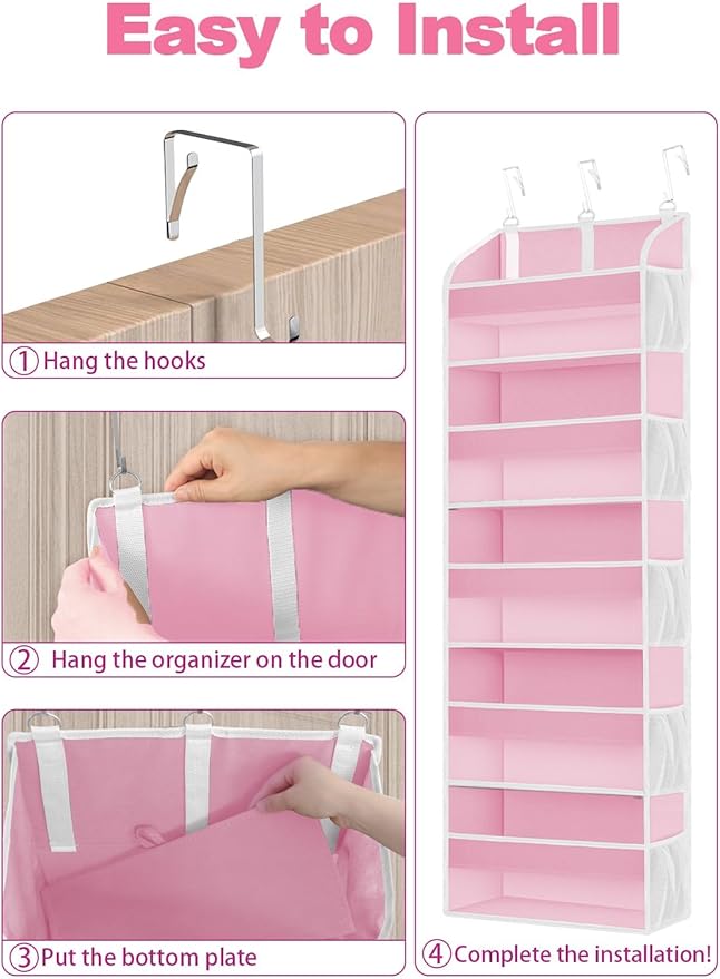 TAHAVICE Pink Over the Door Organizer - 5-Tier Hanging Storage with Clear PVC Windows & 10 Mesh Pockets, Cute Closet Organizer for Makeup, Perfume, Toys, Perfect Pink Room Decor for Girl