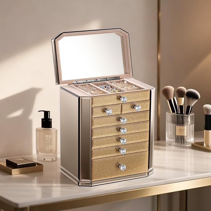 Large High End Glass Jewelry Box - 7 Layer Jewelry Organizer with Mirror, 2-Sided Doors, Velvet-Lined Storage for Rings, Necklaces, Earrings, Bracelets - Valentine's Day Gift for Women