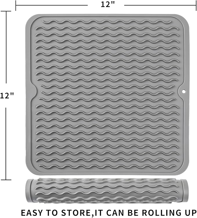 MicoYang Silicone Dish Drying Mat for Multiple Usage,Easy clean,Eco-friendly,Heat-resistant Silicone Mat for Kitchen Counter or Sink,Refrigerator or Drawer liner Grey M 12 inches x 12 inches