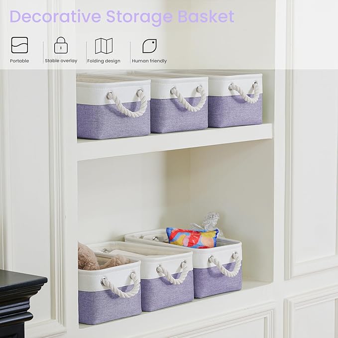 Storage Baskets for Shelves 11.8x7.9x5.2 Inch, Foldable Fabric Storage Bins with Handles, Small Storage Baskets for Organizing Closet, Office, Home Organization (3-Pack, White&Purple)