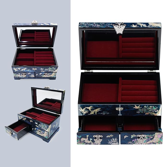 MADDesign Mother of Pearl Lacquered Jewelry Box Two Level Cranes Blue