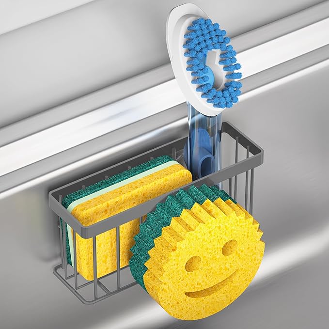 MURLONG Sponge Holder Smiley Face,Sink Caddy for Kitchen Sink,Sponge Holder with 2 PCS Suction Cups/1 PCS Adhesive Strips,Designed for Sponge,Soap,Dish Brush,Scrubber-Charcoal Gray