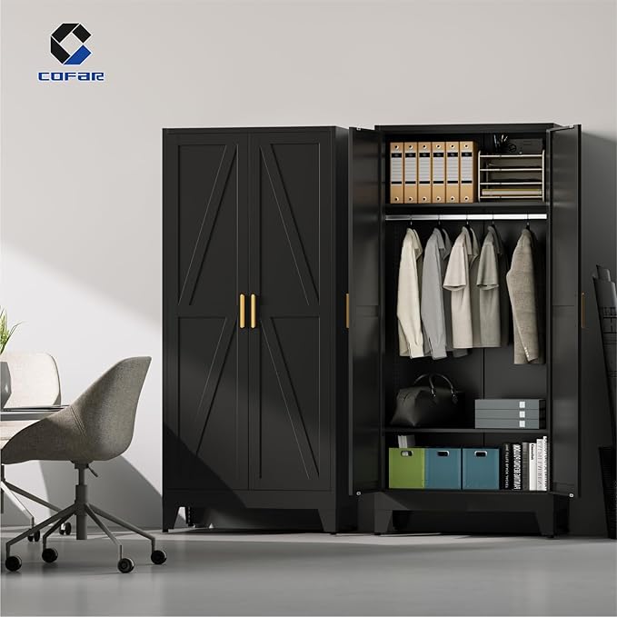 COFaR 71'' Metal Armoire Wardrobe Closet, Steel Wardrobe Cabinet with Adjustable Hanging Rod and Shelves, 2 Doors Farmhouse Closet Storage for Bedroom Garage Laundry, Black Roperos para Guardar Ropa