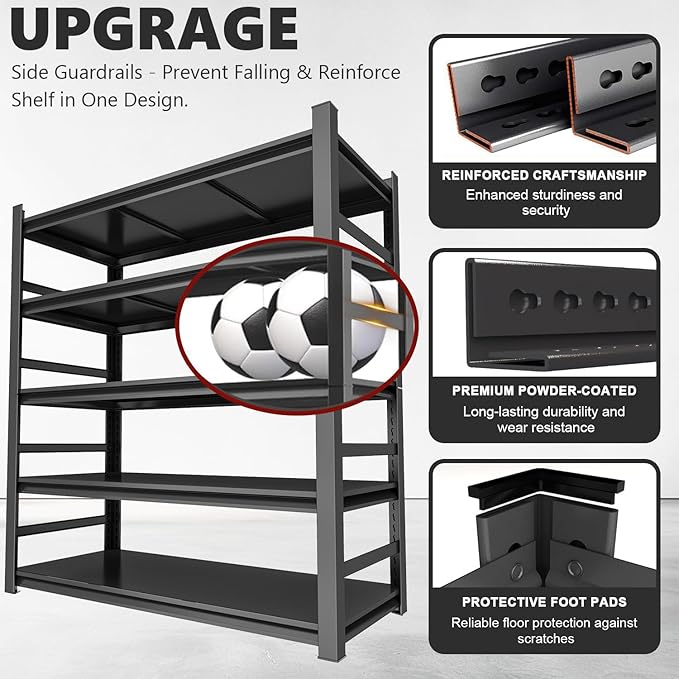 Notmise Garage Shelving, Heavy Duty Metal Shelves Unit, 5-Tier Adjustable Storage Shelf, Industrial Shelving Unit, 3000Lbs, for Garage, Warehouse, and Basement with Fence (72" H x 15.7" D x 35.4" W)