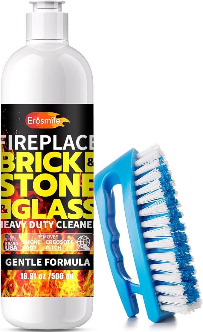 Fireplace Cleaning Set Fireplace Soot Remover with Scrub Brush for Brick, Stone, Rock, Tile, and Marble – Nonabrasive Brick Cleaner, Gentle Formula for Bricks & Glass Indoor and Outdoor -16.91 oz