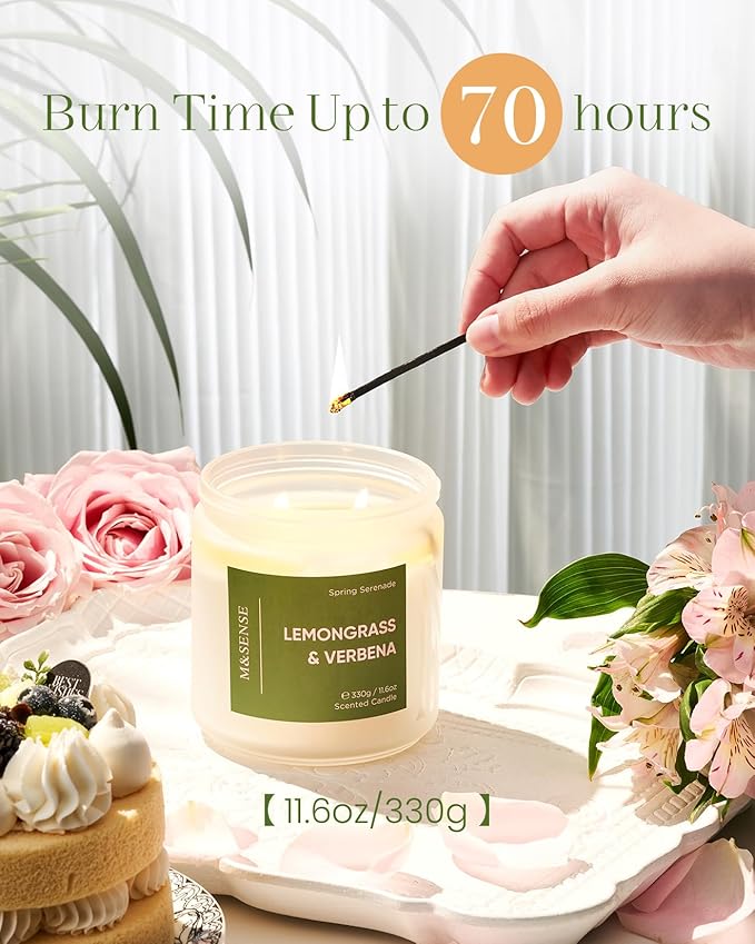 M&SENSE Lemongrass Verbena Scented 11.6oz 70 Hours Burn Non Toxic Natural Soy Wax Long Lasting Summer Scented Candle for Home Decor Aromatherapy Best Smelling Gifts for Him