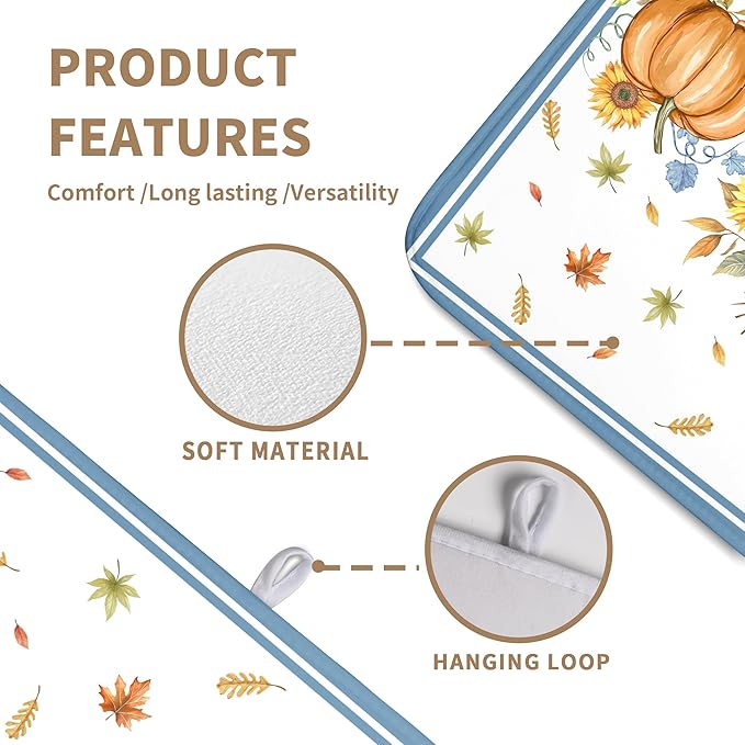 Fall Pumpkin Dish Drying Mat for Kitchen Counter 18×24 Inch Blue Dishes Pad Washable Thanksgiving Dish Rack Pad Drainer Mat Autumn Absorbent Reversible Microfiber Dish Drying Pad for Coffee Bar