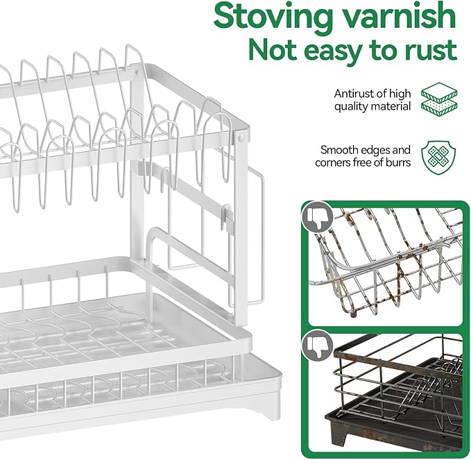 QECOUI 2-Tier Dish Drying Rack with Drainboard, Sink & Countertop Metal Dish Rack Organizer, Dish Drainers for Kitchen Counter, White Dish Racks