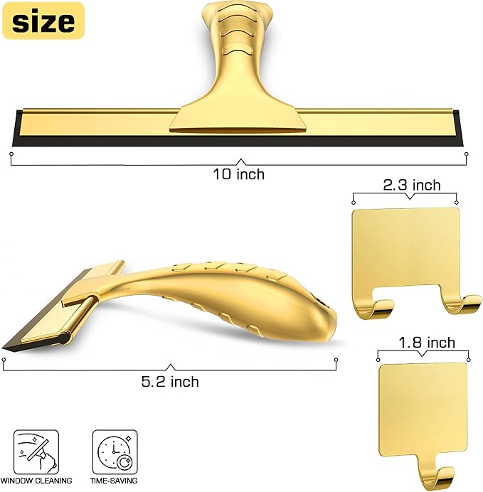 OVSGTTZ All-Purpose Shower Squeegee for Shower Glass Doors with 2 Adhesive Hook, Stainless Steel Squeegee for Bathroom, Household Window, Mirrors, Tiles and Car Windows 10 Inches, Clear, Golden