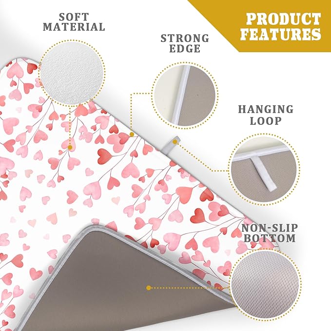 Valentines Day Dish Drying Mat for Kitchen Counter 24x18 Inch Love Drying Mat with Absorbent Reversible Microfiber Pink Heart Dish Drainer Mats Rack Pad for Coffee Countertop Protector