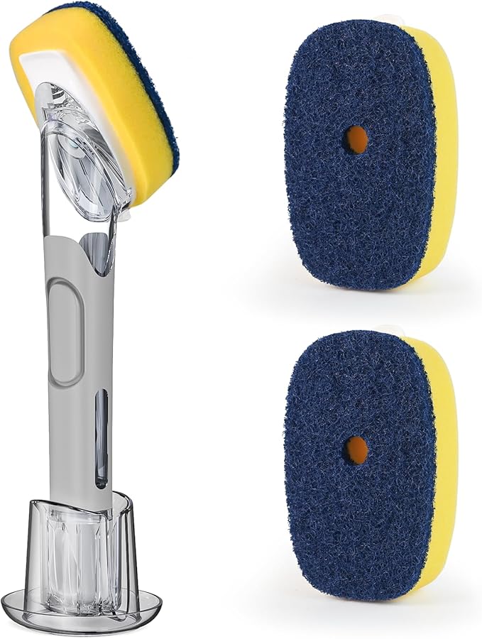 Dish Brush with Soap Dispenser Storage Set with 2 PCS Sponge Refills & Holder, Soap Dispensing Dish Brushes, Sponge with Soap Dispenser Handle, Dish Sponges with Handle for Dishes Pans Pots Sink(Gray)