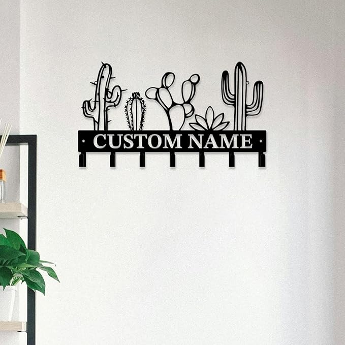 Personalized Custom Name Cactus Wall Keys Hooks,Metal Cactus Art Clothes Hooks,Metal Cactus Lover Wall Home Storage Decorative,For Front Door, Hallway, Kitchen, Bedroom,Keys,Hats (Style E)