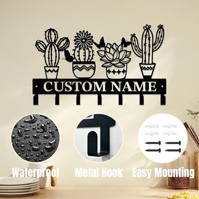 Personalized Custom Name Cactus Wall Keys Hooks,Metal Cactus Art Clothes Hooks,Metal Cactus Lover Wall Home Storage Decorative,For Front Door, Hallway, Kitchen, Bedroom,Keys,Hats (Style J)
