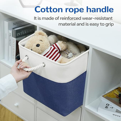 12 x 12 Inch Cube Storage Bins, 4 Pack Fabric Storage Basket with Handles, Foldable Boxes Organizer for Shelf Baskets for Home, Clothes (White/Blue)
