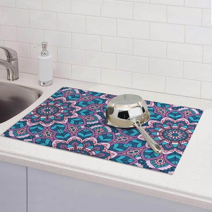 Boho Blue Purple Floral Pattern Dish Drying Mat 18x24 For Kitchen Counter Absorbent Microfiber Dishes Pad Dish Drainer Rack Mats Fast Dry Kitchen Accessories