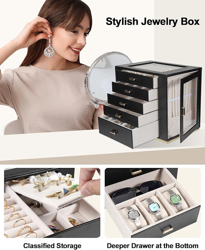 Large Jewelry Box Organizer with Glass Lid, Functional PU Leather 5-Layer Jewelry Storage Case for Women Girls Ring Necklace Earring Bracelet Jewelry Holder Organizer 5 Drawers (Black)