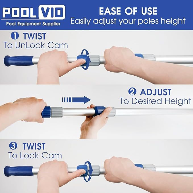 Poolvio 15 FT Telescopic Pool Pole - Adjustable 3 Piece Aluminum Pool Skimmer Pole for Pool Cleaning Skimmer Nets Vacuum Heads & Brushes, Strong Grip & Lock