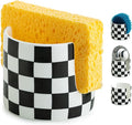 Zoeeker Checkered Kitchen Sink Sponge Holder, Dish Sponge Rack Ceramic Brush Holder Farmhouse Kitchen Dish Rack for Brush, Scrubbers, Bathroom, Sink, Black and White