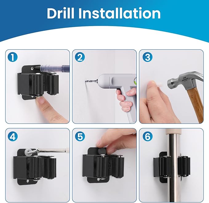 Broom Holder Wall Mount, 4PCS Broom Hanger Wall Mount, Stainless Steel Heavy Duty Mop Holder Broom Mop Hanger Wall with Screws, Garden Outdoor Tool Organizer Rack Broom Hanger (Black)