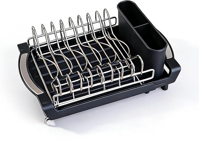 PINCHENG Dish Drying Rack Compact Expandable Double-Decker: Stainless, Rust-Proof, fits Kitchens/Apartments, extends 11.42"-19.9" (Black).