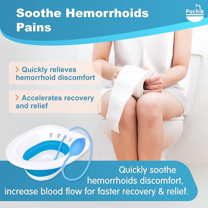 Pochik Sitz Bath for Toilet Seat Hemorrhoids and Postpartum Care, Yoni Steam Seat, Perineal Soaking, Collapsible, Flusher Hose, Drain Holes, Wider Seating Area - Blue