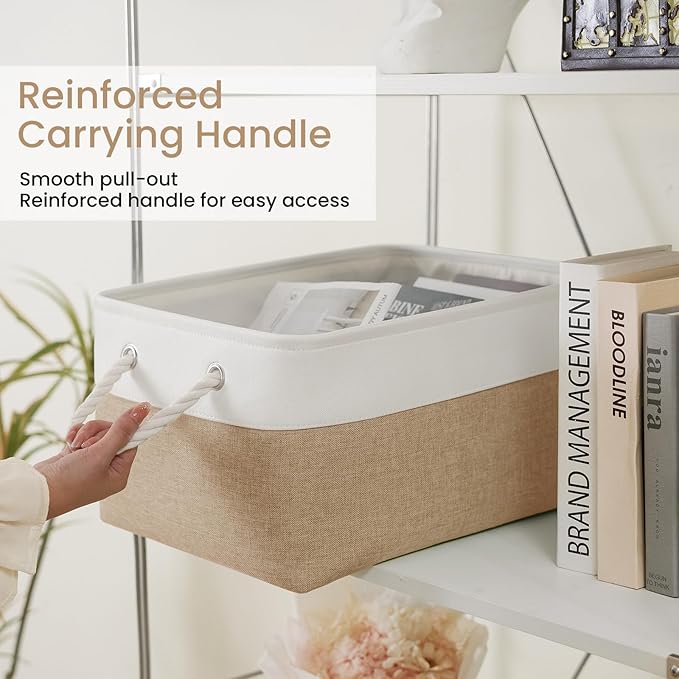 Large Storage Baskets- 15.7x11.8x8.26 inch Storage Bins for Shelves and Closet Organizing, Foldable Fabric Bin for Home Organization Clothes and Laundry (6-Pack, White&Khaki)