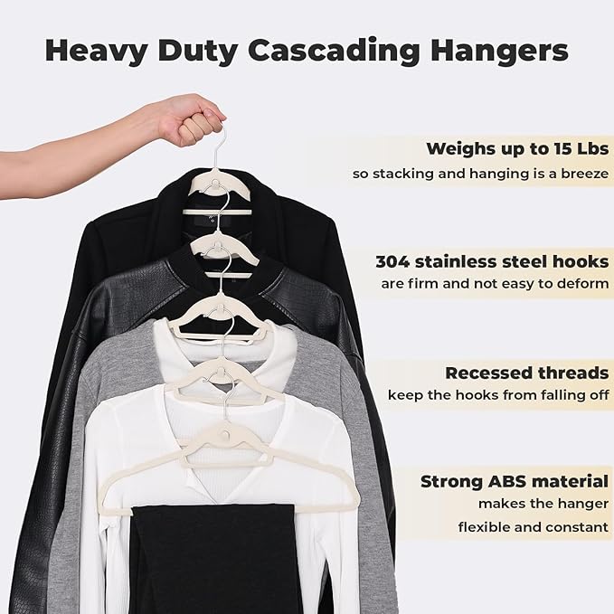 Limogoo Ivory Velvet Hangers 50 Pack, Felt Covered Non Slip Fabric with Stackable Cascading Hook, Ultra Thin and Space Saving with 360° Swivel Neck, 15Lbs Capacity for Clothes, Suit, Shirt, Coat