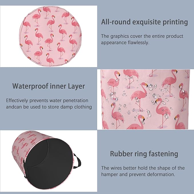 Pink Flamingo Laundry Hamper,Tropical Dirty Clothes Laundry Basket with Handles Waterproof Oxford Cloth Storage Basket for College Dorms Bathroom Bedroom 16" x 20.8"
