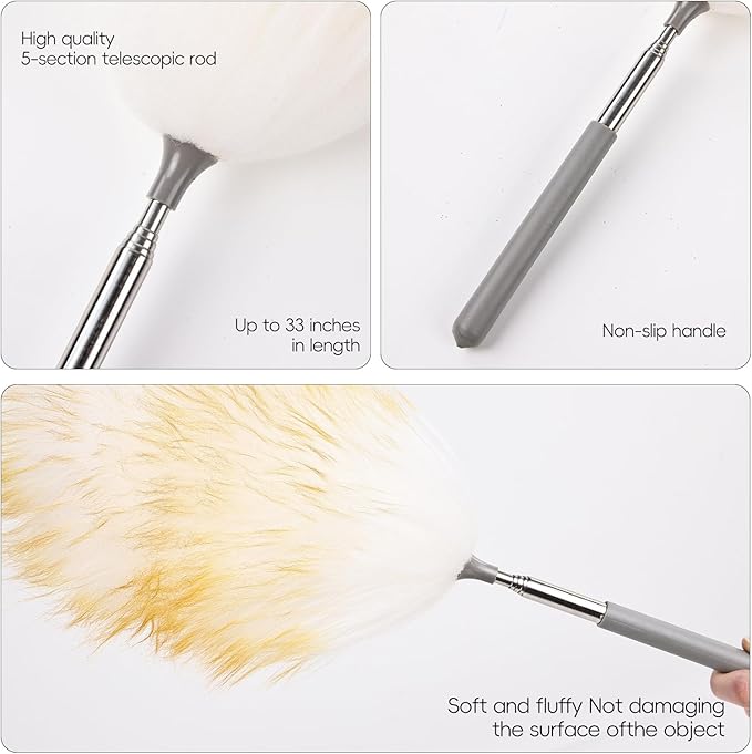 FeelfunFeather Mini Feathers Duster,Telescoping Lambswool Dusters with Stainless Steel Extension Pole Up to 34" for Cleaning High Ceiling Fan, High Ceilings,Furniture,Hard to Reach Areas